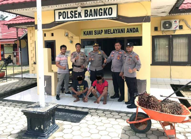 Pelaku berinisial KG (35) dan AU (32) Bersama Barang Bukti Janjang Buah Kelapa Sawit Saat Diamankan di Mapolsek Bangko. FOTO : Humas PM