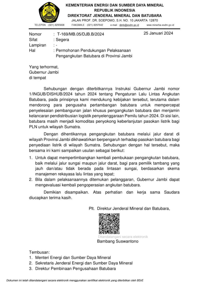 Surat Permohonan PLT Ditjen minerba yang dinilai aktivis Jambi,berisikan intervensi 