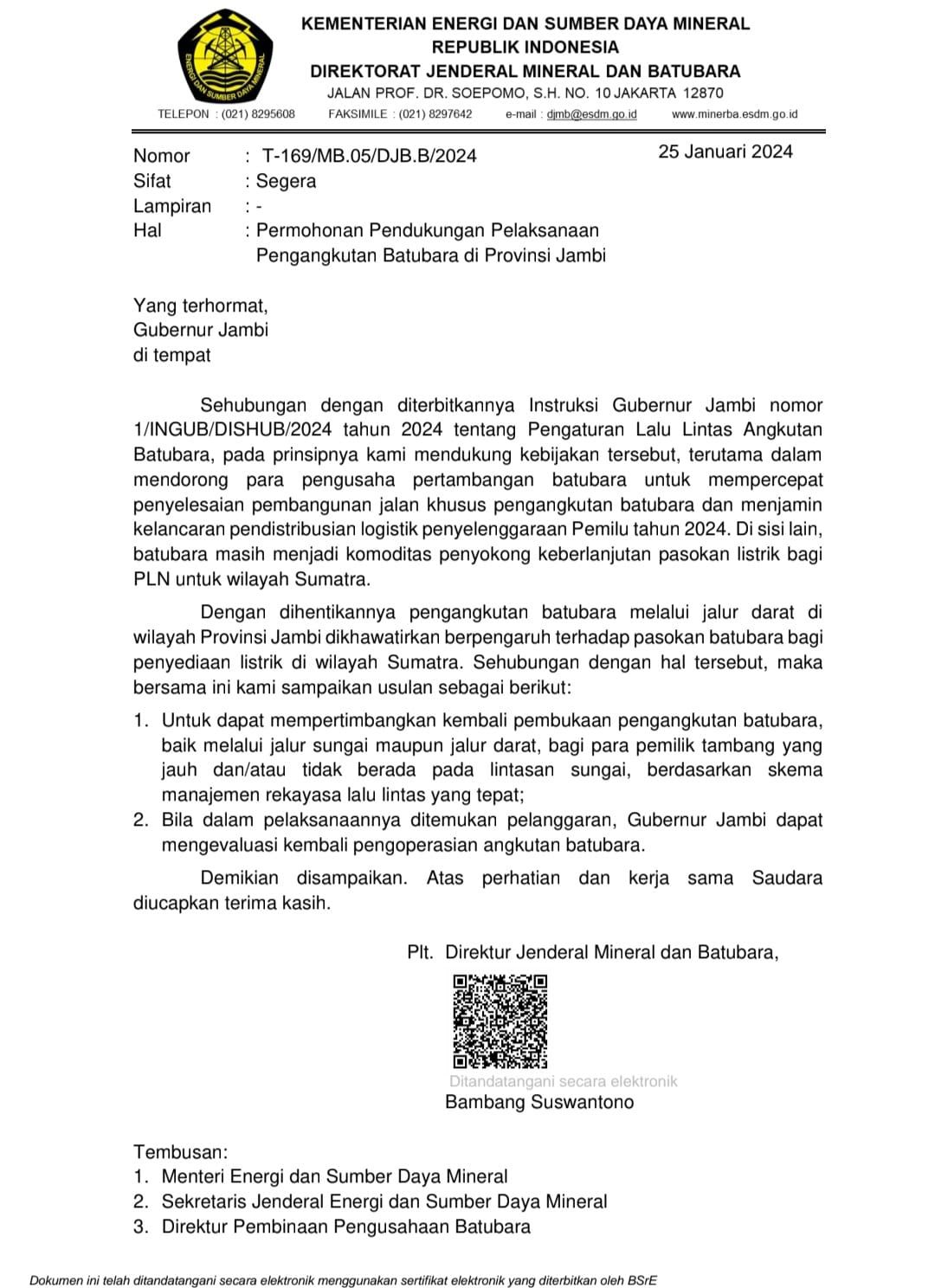 Surat Permohonan PLT Ditjen minerba yang dinilai aktivis Jambi,berisikan intervensi 